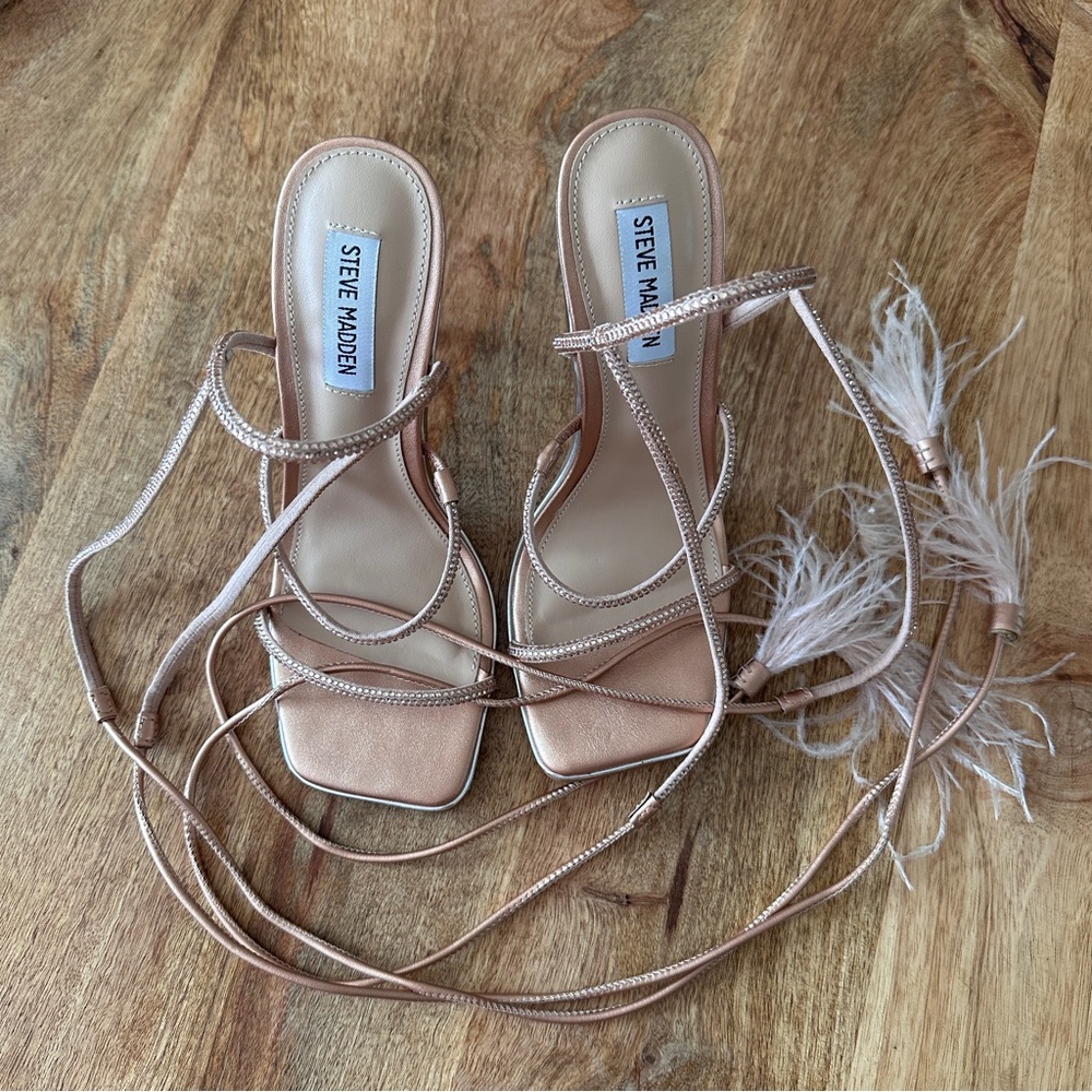 Steve Madden Rose Gold Lace-Up Heels with Feather Details